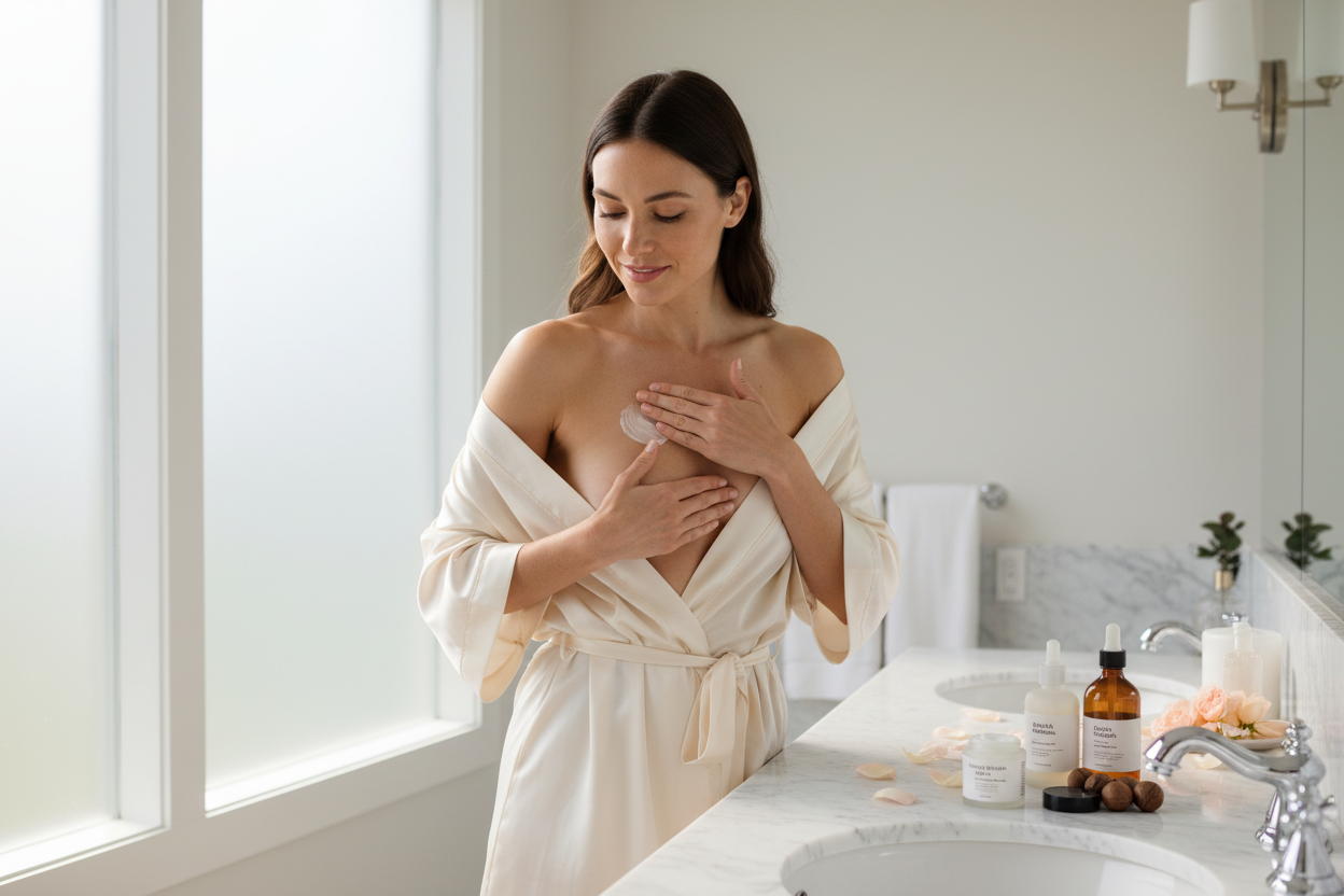 Luxuriöse Pflegeroutine für natürliche Bruststraffung mit hochwertigen, umweltfreundlichen Beauty-Produkten im Badezimmer